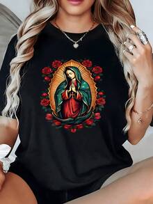 Religious Figure Surrounded By Red Roses Conveying Peace And Devotion On A Comfortable Women's T-Shirt For Everyday Wear - Black - View 1