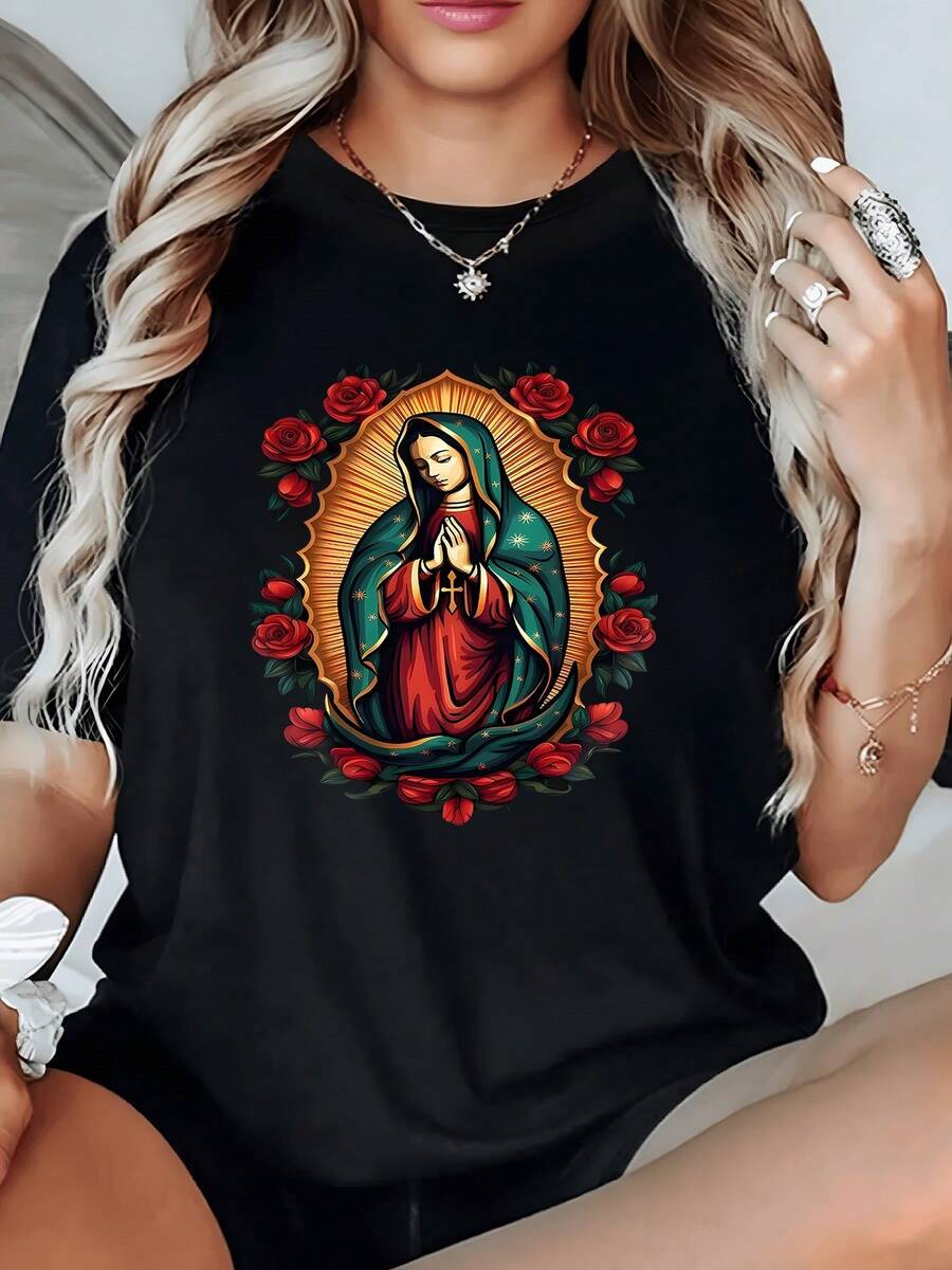 Religious Figure Surrounded By Red Roses Conveying Peace And Devotion On A Comfortable Women's T-Shirt For Everyday Wear - Black - View 1