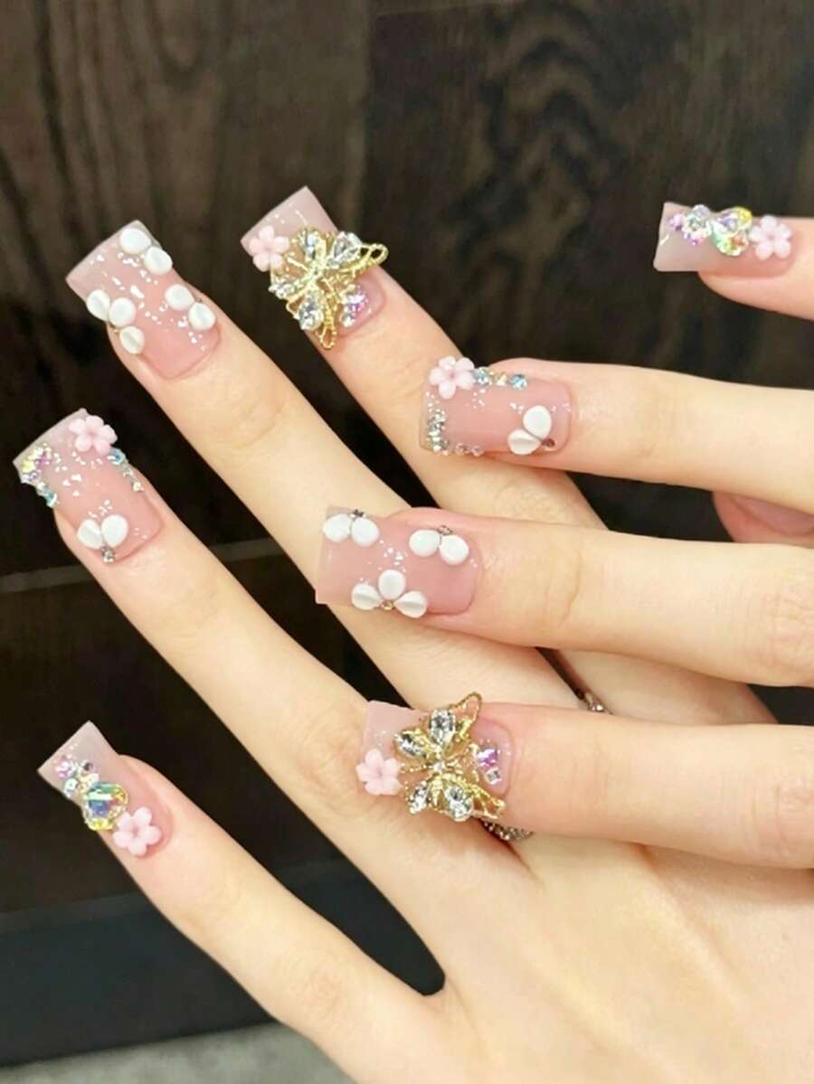 10pcs Glossy Duck-Shaped Press-On Nails, Nude Pink Acrylic Fake Nails, 3D Butterfly, Flower & Sparkling Rhinestone Decor, Sweet Girly Style, Flattering & Eye-Catching, Suitable For Daily Wear & Party, Hot-Selling Butterfly Nail Stickers Handmade Press On Nails - Pink - View 1