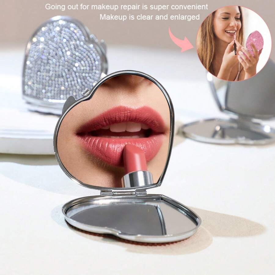 Espelho de Bolso Portátil Dobrável em Formato de Coração com Strass de Luxo, Espelho de Maquiagem Dupla Face Brilhante, Uso Duplo para Casa e Viagem. Espelho de Vaidade de Bolso Requintado, Compacto e Portátil, Adequado para Decoração de Sala de Estar, Quarto, Banheiro; Também um Ótimo Acessório de Viagem, Perfeito como Presente de Casamento, Festa, Aniversário para Mulheres, Meninas, Mães, Amigas e Amantes.