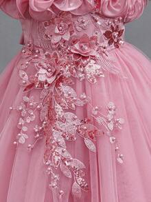 Young Girls Elegant Petal Sleeve Wedding Dress Princess Gown With Beaded Sequin 3D Floral Decor Fluffy Long Skirt, Suitable For Graduation Prom, Party Wear - Dusty Pink - View 9