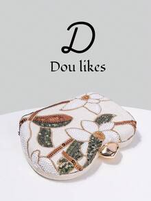 Dou Likes 中式風格手提包，香檳色亮片刺繡花卉鏈條晚宴包，搭配可調節細金鏈，完美適配中式旗袍、輕奢晚禮服、日常優雅穿搭，瞬間提升整體風格，點亮造型的完美收尾配件 - 杏色 - 查看 6