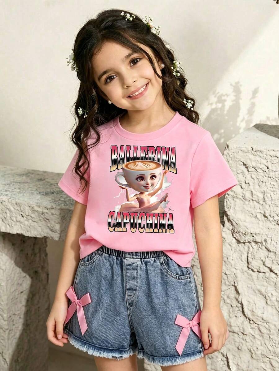 Young Girl Letter Print Short Sleeve Top And Denim Shorts Set - Pink - View 1