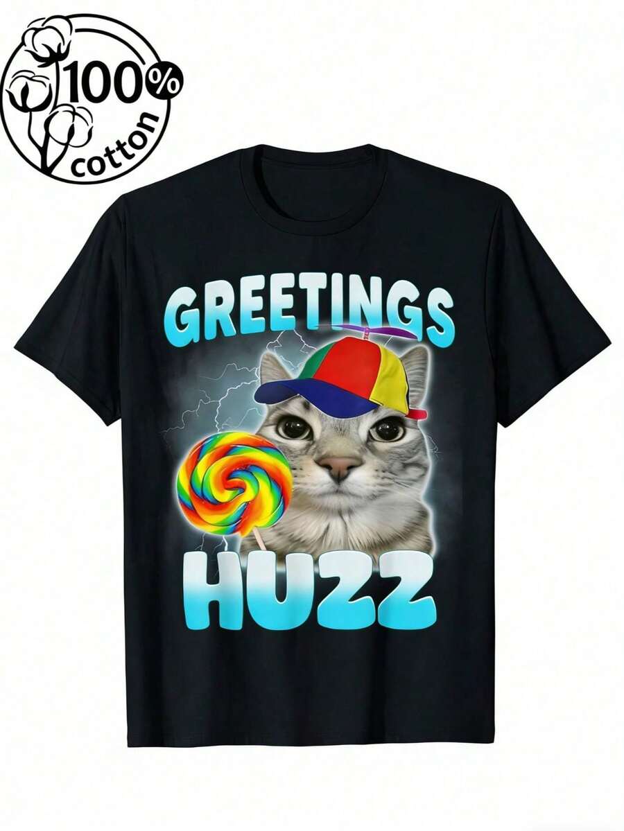 Vintage Graphic T-Shirt With Funny Cat Alpha Design, Unisex, Short Sleeves And Round Neck, Casual, , Ideal As A Holiday Gift For Husband Or Boyfriend. - 黑色 - 查看 1