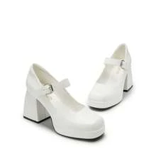 Women High Chunky Platform Closed Toe Block Heels Square Toe Strappy Dress Prom Wedding Party Pumps Shoes - 白色 - 查看 4