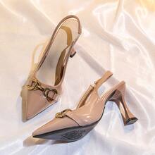 French Style Metal Square Buckle Pointed Toe Slingback High Heels, Slimming Stiletto Heel Versatile Pumps - Pink - View 2