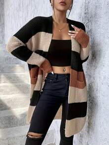 Plus Size Striped Colorblock Pocket Knit Cardigan - Multicolor - View 5
