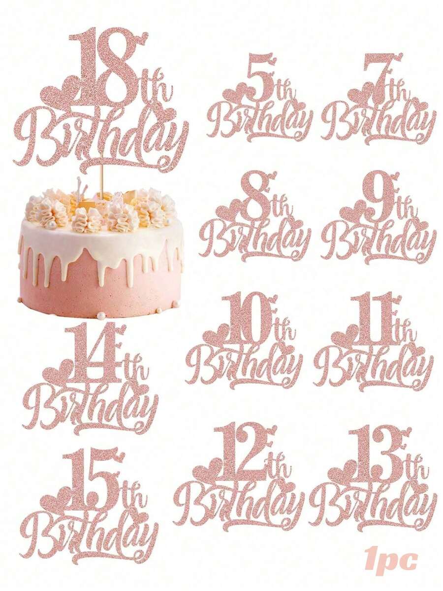 1pc Pink Cute Heart-Shaped Birthday Cake Topper - Suitable For 1st/9th/10th/11th/12th/13th/14th/15th/16th/18th/21st Birthday Celebration, Birthday Party Dessert Cake Decoration - Multicolor - View 1