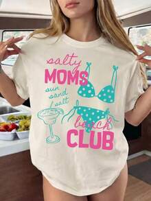 Salty Moms Beach Club Shirt, Retro Summer Vacation Tee, Beach Mom Shirt, Mom Trendy Salty Shirt, Funny Summer Mom Gift, manga corta, linda, informal, de poliéster - Blanco - Ver 1