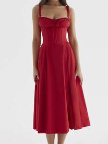 Sexy Women Midi Dress, Corset Bustier Spaghetti Strap Summer Dress With Slit, Floral/Plain Sundress For Vacation Beach Outfit, Party, & Casual Wear - 紅色 - 查看 2