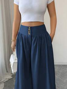 New 2026 Model: Women's Slim-Fit Wide-Leg Trousers With Pockets, Ideal For Spring/Summer. - 藏青色 - 查看 6