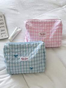 AGG 藍粉格紋刺繡蝴蝶結小清新尺寸女用化妝包，內袋便攜旅行盥洗包手提包，多功能護膚收納袋，送給媽媽或女友的情人節大容量收納禮物 - 彩色 - 查看 5
