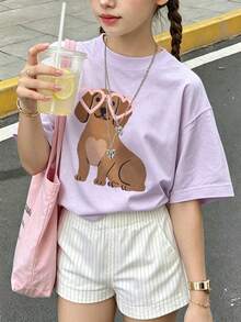 女孩可愛臘腸狗心形太陽眼鏡圖案T恤，夏季休閒圓領短袖T恤，可愛狗狗日常穿著上衣，適合青少年女孩 - 淡紫色 - 查看 9