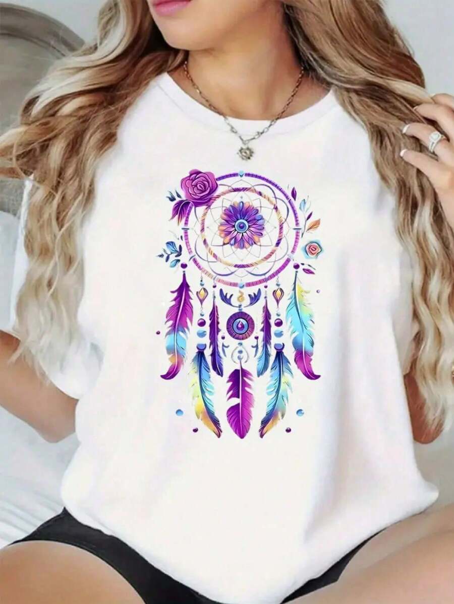 Short-Sleeved T-Shirt With Colorful Print, Casual Round Neck Blouse, Women's Clothing For Spring And Summer 1 Sexy Casual Sweet Party Elegant High Elasticity Beach Vacation Bo - 紫色底白色 - 查看 1