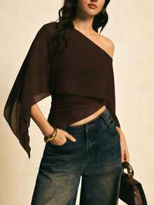 Blusa de moda con diseño asimétrico de hombros en unicolor para mujer - Marrón - Ver 1