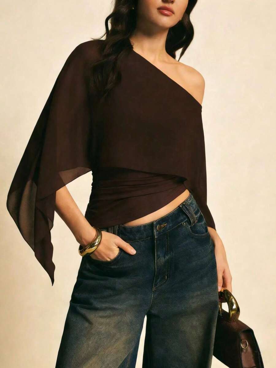 Blusa de moda con diseño asimétrico de hombros en unicolor para mujer - Marrón - Ver 1