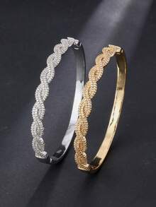 1pc Fashion Versatile Sparkling Full Rhinestone Twisted Rope Bracelet, Gold/Silver Color Available, Cubic Zirconia Inlaid, Elegant Wave Design, Women's Daily/Party Matching Jewelry - Braided Diamond Bangle - View 2