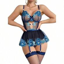 Lilosy Sexy Stocking Rhinestones Heart Garter Underwire Floral Mesh Lace Sheer Babydoll Lingerie Teddy Bodysuit Skirt Set - 網眼海軍藍 - 查看 3