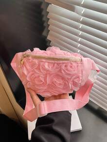 女款粉色3D玫瑰花網格腰包，夏季新款溫柔風斜背腰包，百搭仙女風手機包，日常出遊約會女款胸包 - 粉色 - 查看 3
