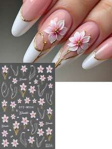 2pcs Embossed Pink Cherry Blossoms Flower French Nail Stickers Elegant Camellia Lily Floral Nail Decals With Golden Lines Wedding Nail Charms Nail Supplies Manicure - Multicolor - View 8