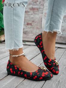 Black Pointed Toe Shoes, Random Printed Fabric Pattern, Slip-On Loafers, Work Shoes With Metal Buckle, Minimalist Commuting Lightweight Shoes - Multicolor - View 4