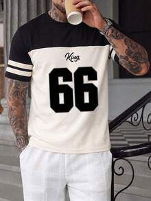 Men's Summer 66 Number Print Round Neck Contrast Color Sports T-Shirt - Apricot - View 4