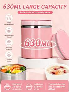 niceforyou 1pc Stainless Steel Vacuum Insulated Portable Lunch Box, Capacity Between 630ml To 1000ml. Features Portable Design And Vacuum Insulation, Durable And Sturdy. This Stylish And Practical Handheld Lunch Box Is Suitable For - Pink - View 9