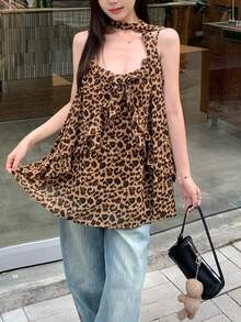 Women's Leopard Print Ruffle Strap Tank Top, Flared Hem, Woven Fabric, Regular Length, Fashionable Summer Style Casual Vacation - Rust Brown - View 4