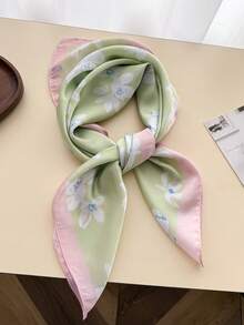 1pc Fashion Floral Print Faux Silk Satin Square Scarf Hair Band, Women's Multifunctional Hair Band Shawl, Suitable For Travel, Vacation, Casual, Headscarf - FG453-2 Pink Green - View 6