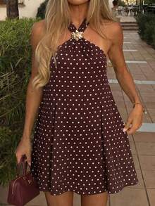 Plus Size Women's Halter A-Line Polka Dot Print Loose Short Dress, Suitable For Daily Wear And Vacation Party Summer Elegant - Multicolor - View 1