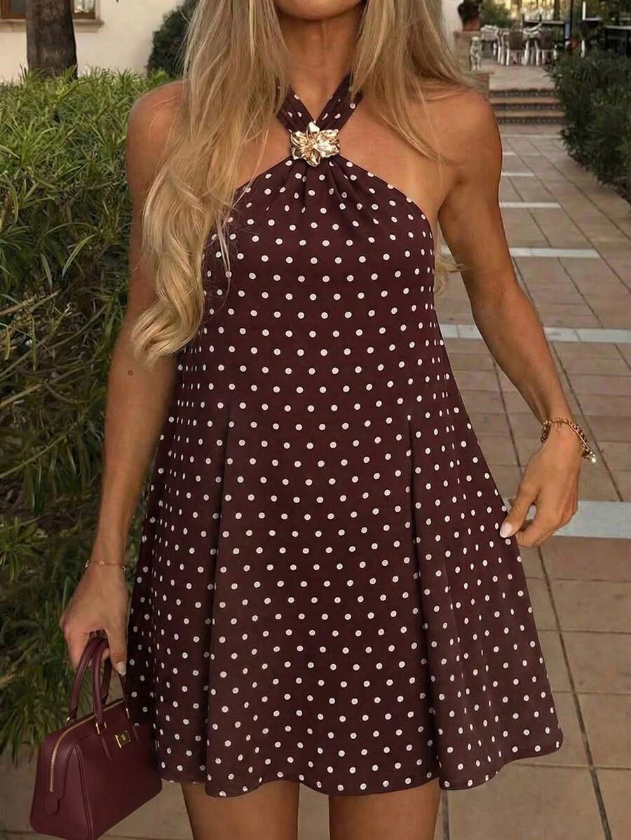 Plus Size Women's Halter A-Line Polka Dot Print Loose Short Dress, Suitable For Daily Wear And Vacation Party Summer Elegant - Multicolor - View 1