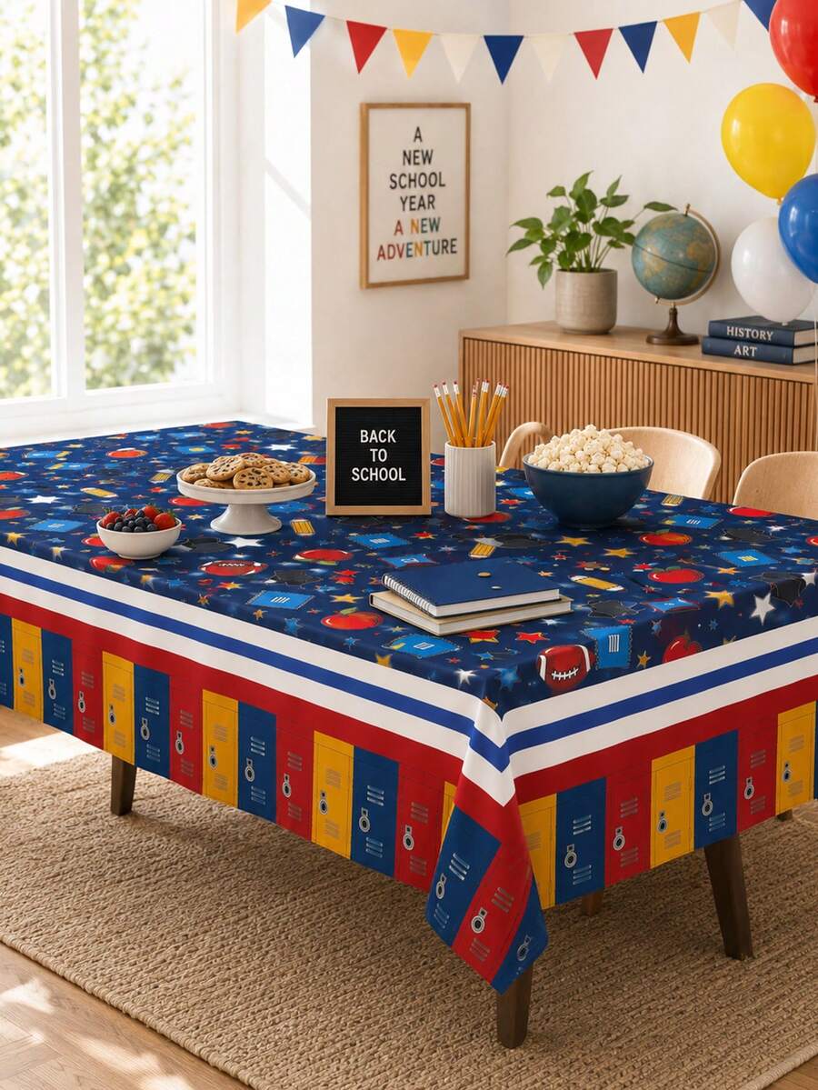 1pc Back To School Polyester Round Tablecloth - Locker & Apple Print Table Cover, Classroom Themed Tablecloth, Wrinkle & Fade Resistant, Lightweight Easy Care For Classroom, School Party, First Day Of School Decor - Multicolor - View 1