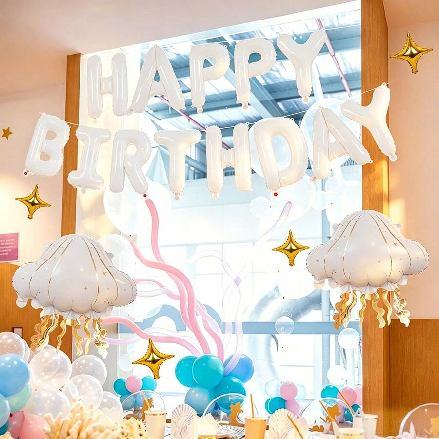 19件組海洋主題生日裝飾套裝，含16英吋白色Happy Birthday字母氣球、水母氣球、四角星氣球，適用生日派對裝飾、海洋主題派對裝飾、美人魚主題裝飾，Happy Birthday