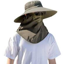 Sun Visor Hats - (Wide-brimmed Hat + Face Mask) -- Khaki - View 4