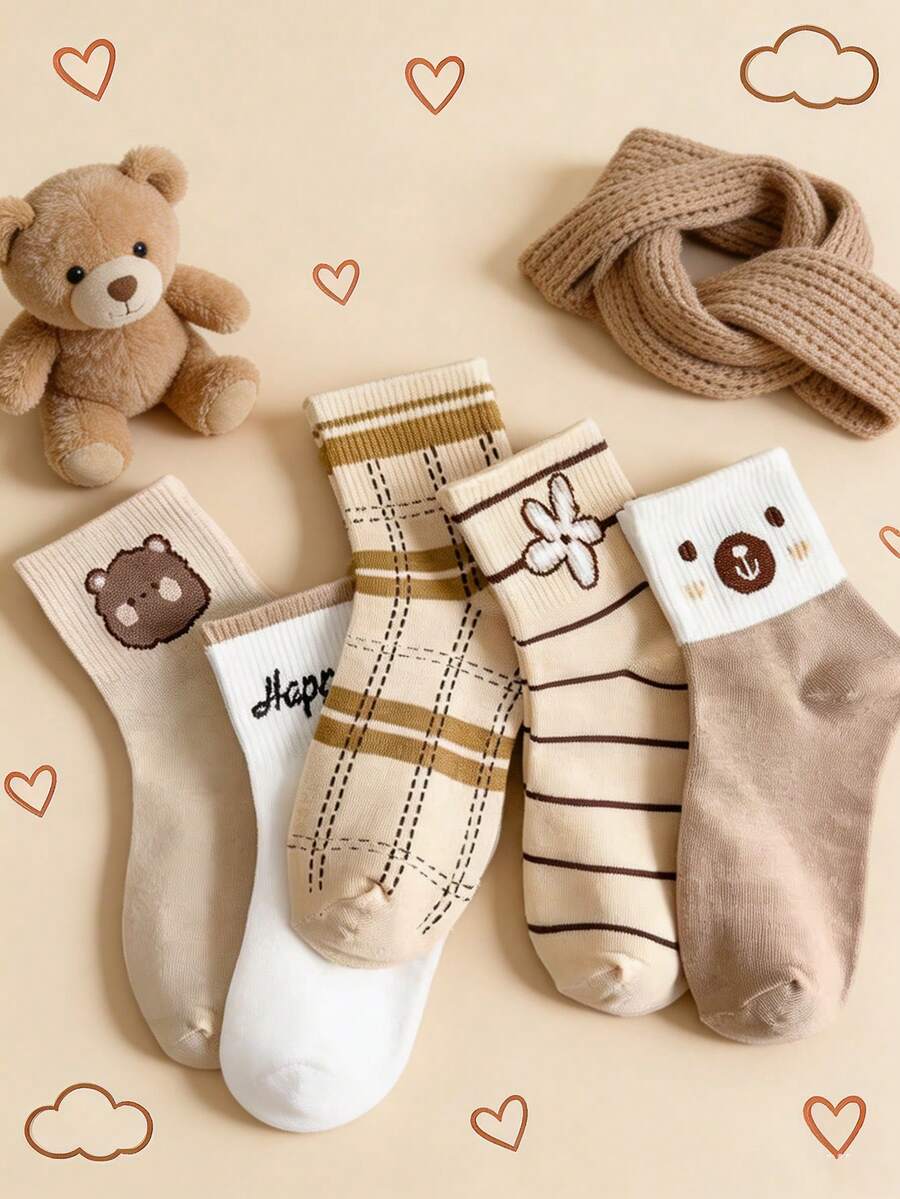 5 Pairs Calf-Length Socks With Bear Patterns For Women, Japanese Preppy Style, Cute Cartoon Design,Comfortable And Breathable - Multicolor - View 1