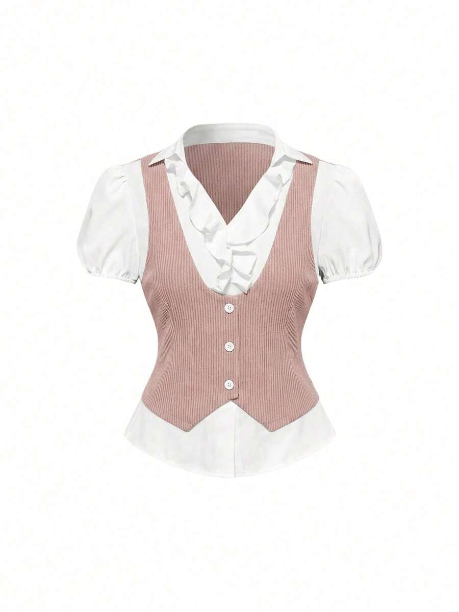 ROMWE Goth Top de mujer estilo gótico vintage, estilo universitario 2 en 1, de vuelta a la escuela en verano - Rosa - Ver 1
