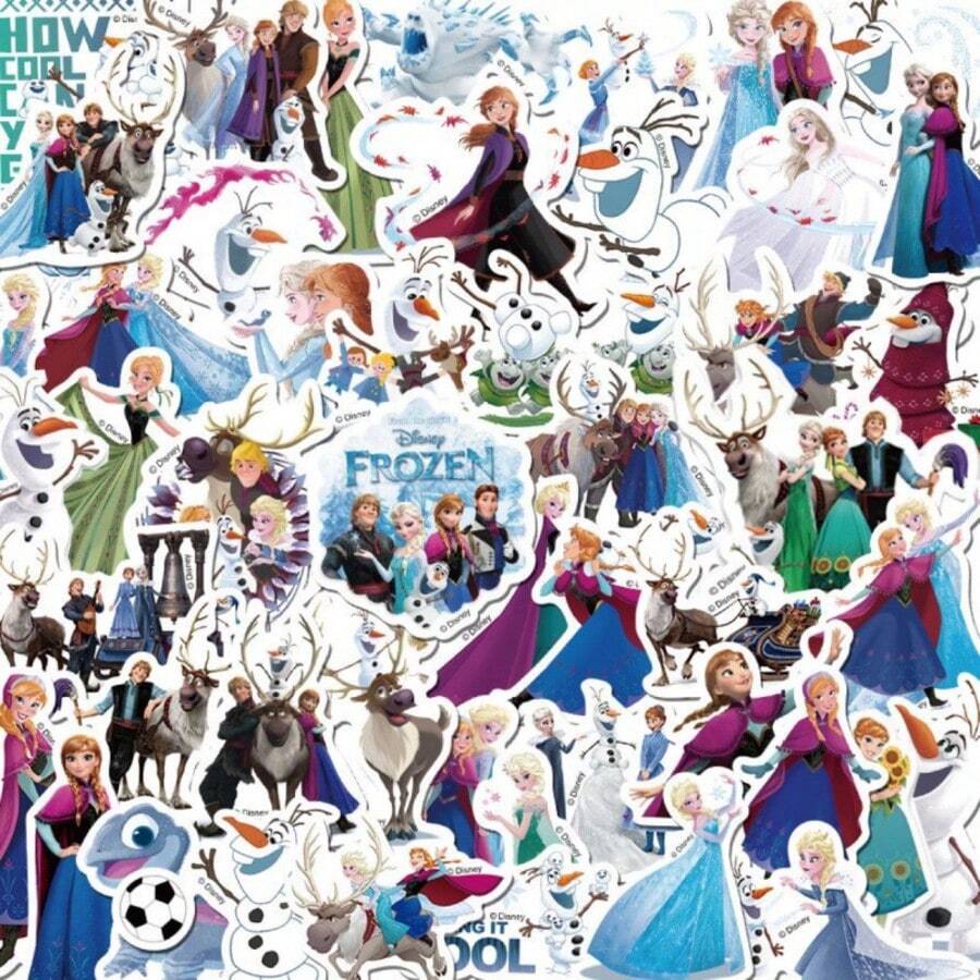 Disney 50入迪士尼冰雪奇緣公主防水卡通貼紙，適用於水壺、筆電、汽車保桿、臥室衣櫃、滑板、電腦、安全帽、汽車，適合生日、復活節籃子填充物、聖誕襪填充禮物