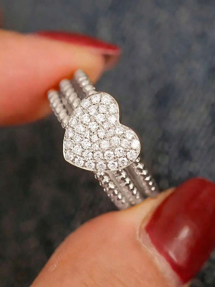 1pc Elegant Heart-Shaped Cubic Zirconia Ring, Suitable For Women To Wear, Suitable For Wedding, Engagement, Anniversary Party, Valentine's Day Gift - 1# - View 1