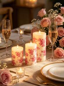 Pink Floral Print Cylindrical Candle, 1.96 Inch Romantic Rose Pink Pattern Design Candle, Smokeless Atmosphere, Decorative Candle, Perfect For Valentine's Day, Wedding Dinner, Birthday Party, Anniversary, Afternoon Tea, Picnic Scene, Home Decor - Pink Printed Column Wax - View 9