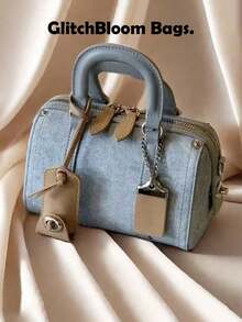 Bolso Mini Boston de Mezclilla Vintage - Bolso de Mano Bordado con Cerezas y Detalles de Borlas (Accesorios No Incluidos) - Azul - Ver 2