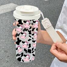 1個/5個 500ml可愛牛紋保溫杯,500ml塑膠水瓶附吸管與背帶,防漏雙層杯,粉色蝴蝶結牛紋圖案,適合冰咖啡、冷萃咖啡、夏季及牛迷禮物 - 黑與白 - 查看 9
