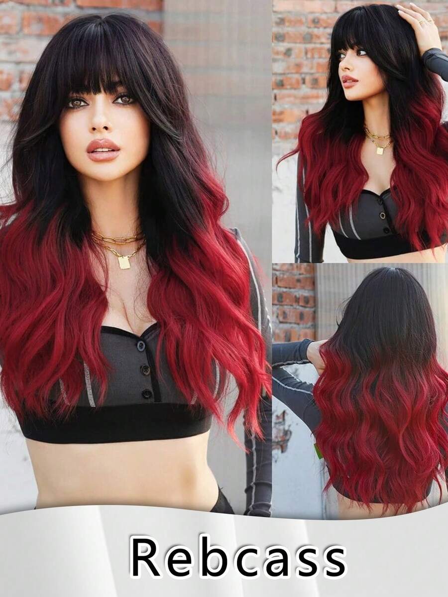 22 Inch Long Body Wave Layered Hair With Bangs Red Ombre Synthetic Wig For Women,Long Body Wave Layered Hair With Bangs Heat Resistant And Breathable Wavy Hairstyle,Red Ombre Hair Wig For Bold Style Suitable For Any Face Shape And All Styles