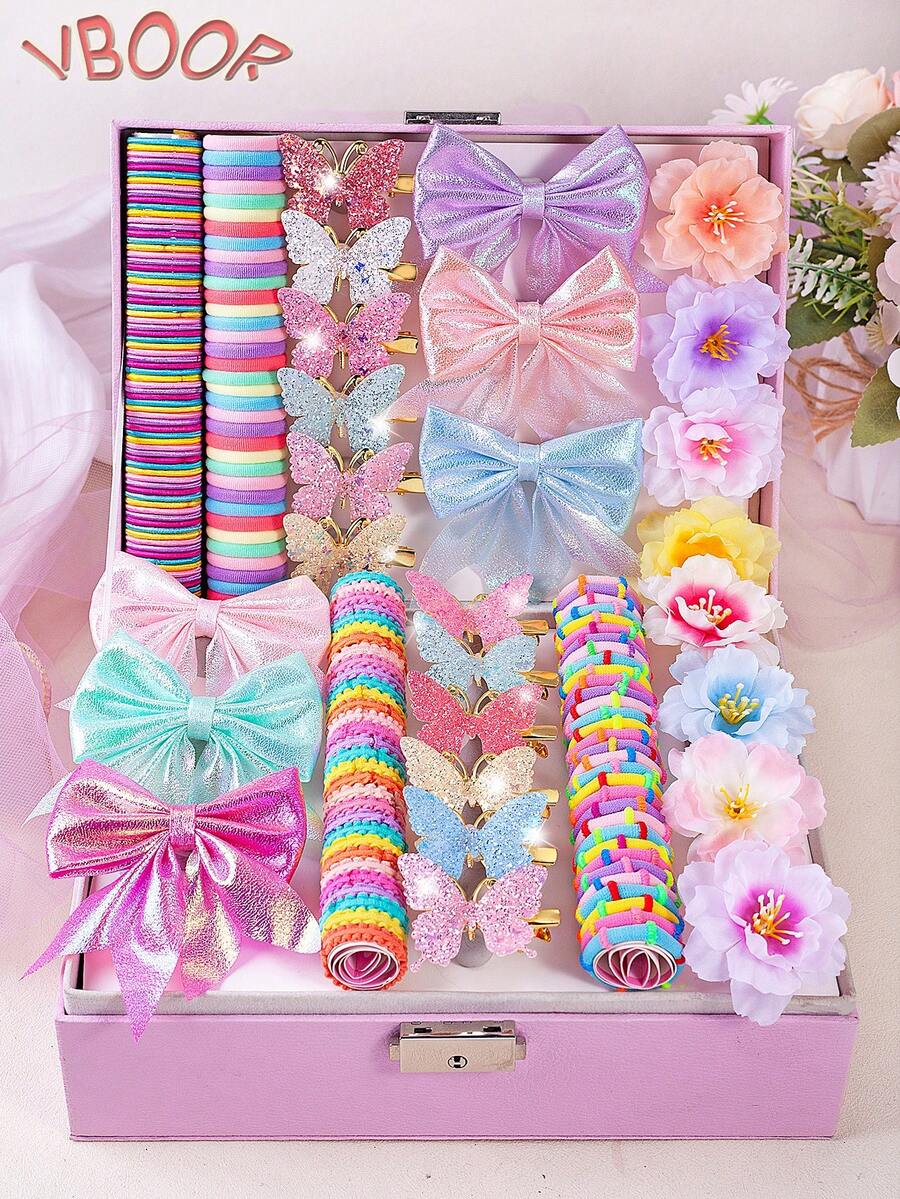 VBOOR 198 pezzi Accessori per capelli stile arcobaleno macaron sfumato sognante, adatti per le donne. Include fermagli per capelli a fiocco iridescente, fermagli per capelli a farfalla sfumato glitter, fermagli per capelli a fiore in tessuto 3D, elastici per capelli ad alta elasticità non dannosi, adatti per uso quotidiano/pendolarismo/appuntamenti, fermagli per capelli - Multicolore - Visualizzare 1