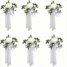 6pcs Rose Flower Wedding Chair Back Decor With Leaves And Ribbon, Wedding Aisle Chair Decorations, Church Chair Bench Decor For Wedding Ceremony - White - View 1