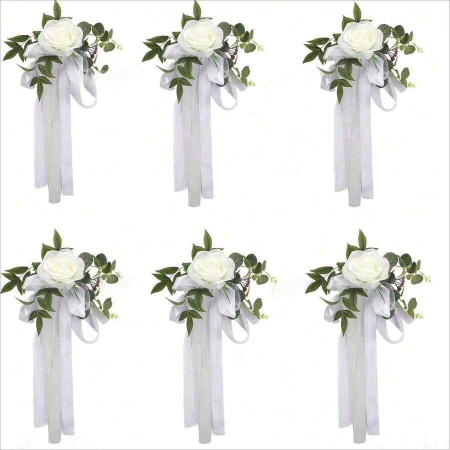 6pcs Rose Flower Wedding Chair Back Decor With Leaves And Ribbon, Wedding Aisle Chair Decorations, Church Chair Bench Decor For Wedding Ceremony - White - View 1