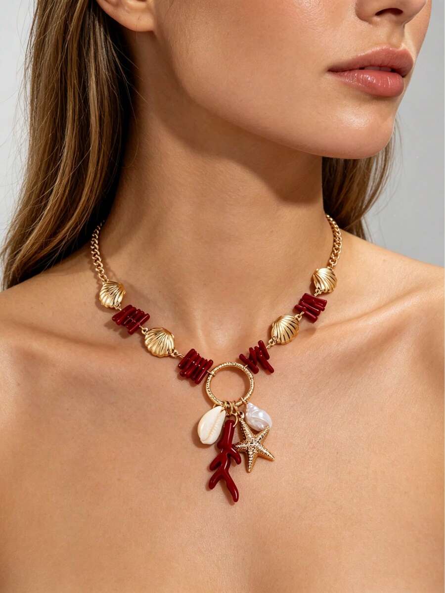 1pc Fashionable Multi- Ocean Series Metal Shell & Red Coral Beaded Necklace, Suitable For Beach Vacation, Gathering, Seaside Party, Travel - Multicolor - View 1