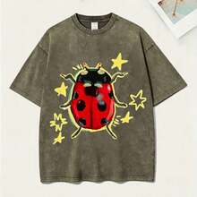 Washed Green Unisex Tee, Star & Ladybug Print, Vintage Distressed Style, Premium Fabric, Summer Graphic Top, Ideal For Daily Wear & Holiday Gifts - 綠色 - 查看 1