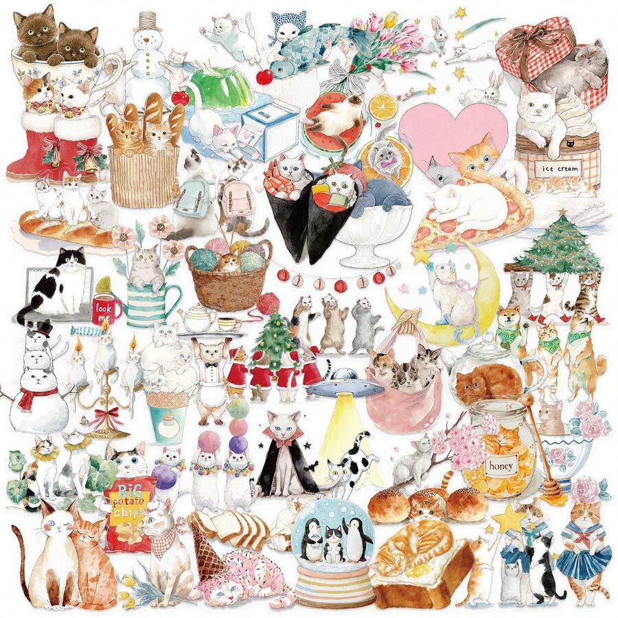 50 piezas Pegatinas transparentes de gatos, Pegatinas de gatos de dibujos animados lindos, Pegatinas divertidas, Pegatinas transparentes de PET impermeables, Adecuadas para botellas de agua, computadoras, portátiles, teléfonos, maletas, cuadernos, refrigeradores
