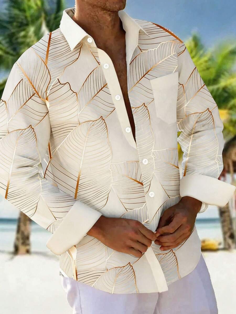 Gold Foil Plant Leaf Gradient Digital Print Men's Plus Size Button Pocket Long Sleeve Hawaiian Shirt - Apricot - View 1