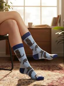 1/5 Paar blaue niedliche Katzenmuster lange Socken, Damen lustige lässige Tierserie Socken, atmungsaktive und feuchtigkeitsableitende Sportsocken, geeignet für Outdoor-Sport, Heimfitness, tägliches Pendeln - Verschiedenfarbig - Übersicht 4